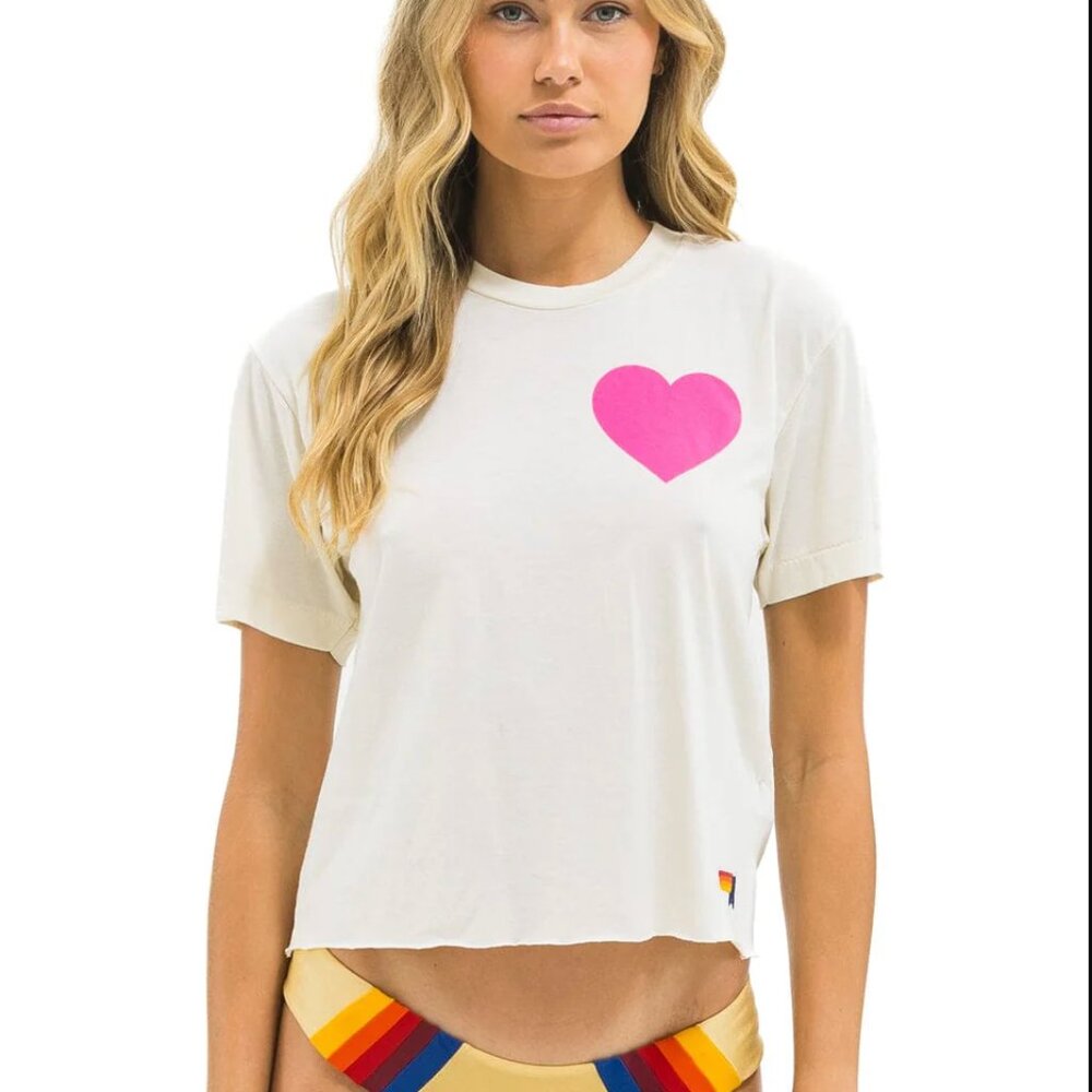 NWT - Heart Print Boyfriend Tee - Vintage White // Neon Pink